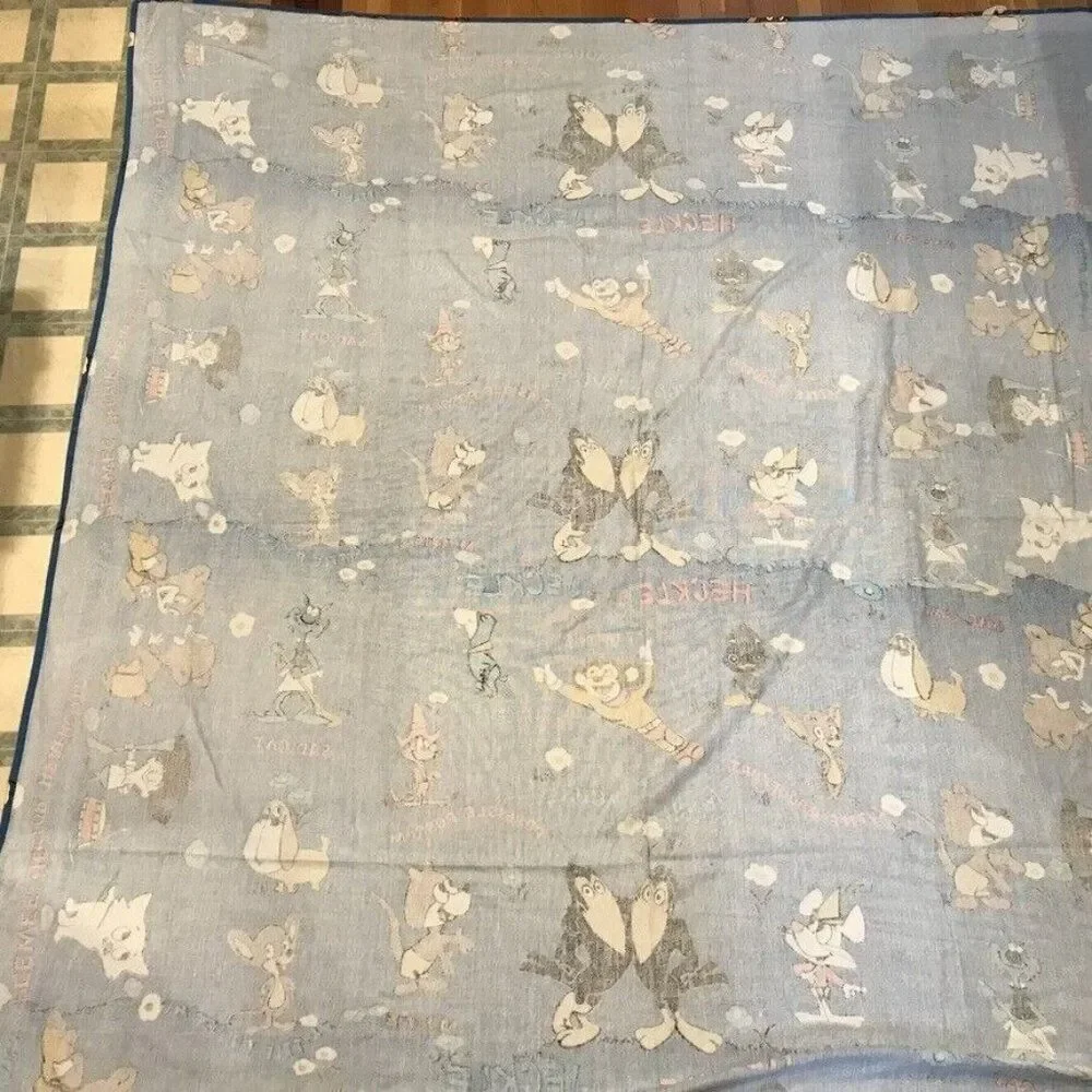 Terry Tunes Vintage Bedspread Mighty Mouse Heckle Jeckle Blue Queen